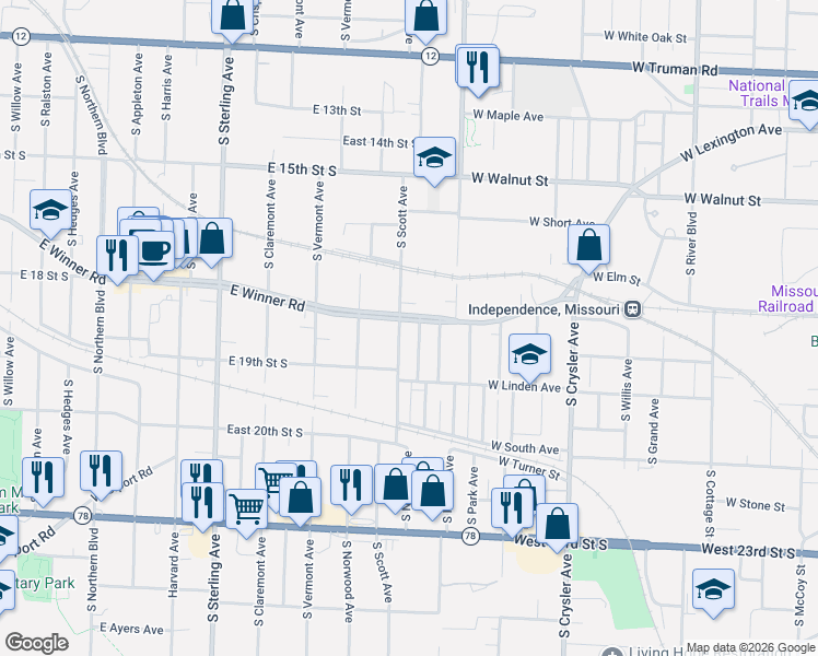 map of restaurants, bars, coffee shops, grocery stores, and more near 11604 East Winner Road in Independence