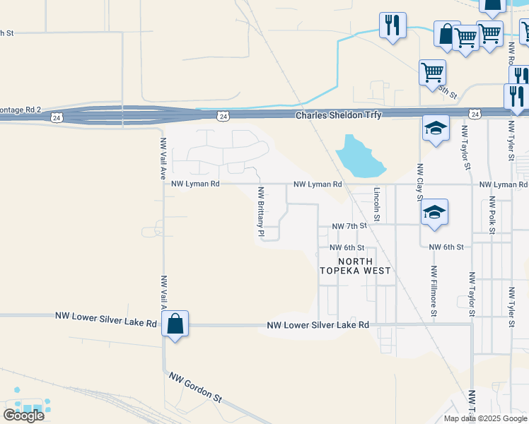 map of restaurants, bars, coffee shops, grocery stores, and more near 1735 Northwest Lyman Road in Topeka