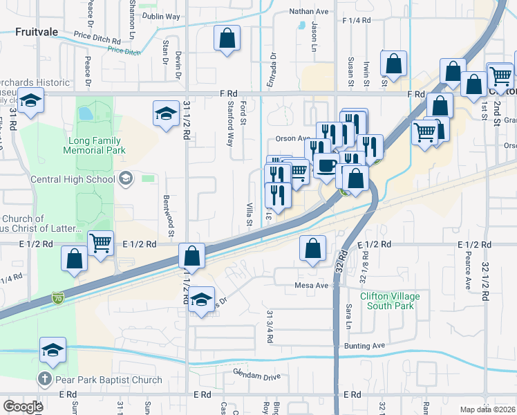 map of restaurants, bars, coffee shops, grocery stores, and more near 560 Villa Street in Grand Junction