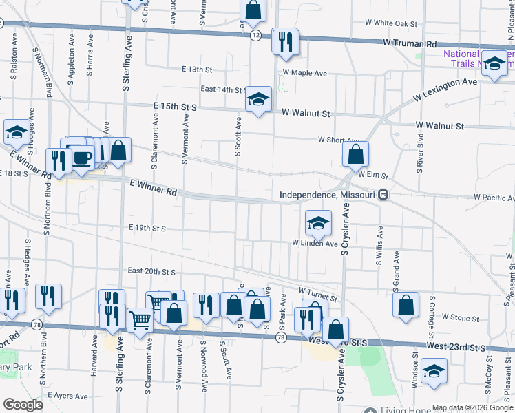 map of restaurants, bars, coffee shops, grocery stores, and more near 11718 East Winner Road in Independence