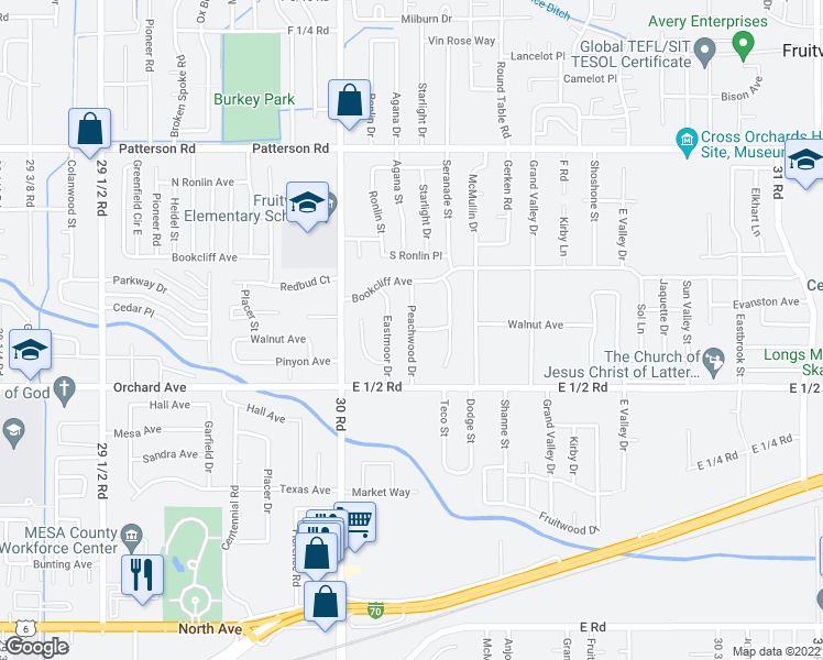 map of restaurants, bars, coffee shops, grocery stores, and more near 561 Peachwood Drive in Grand Junction