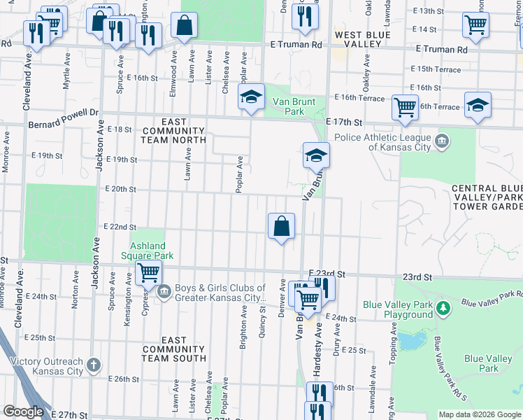 map of restaurants, bars, coffee shops, grocery stores, and more near 2001 Brighton Avenue in Kansas City