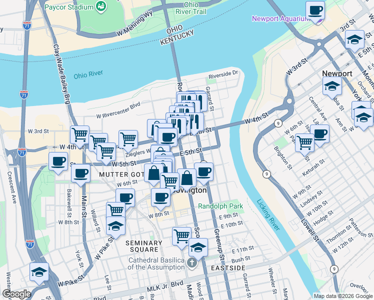 map of restaurants, bars, coffee shops, grocery stores, and more near 114 Legacy Way in Covington