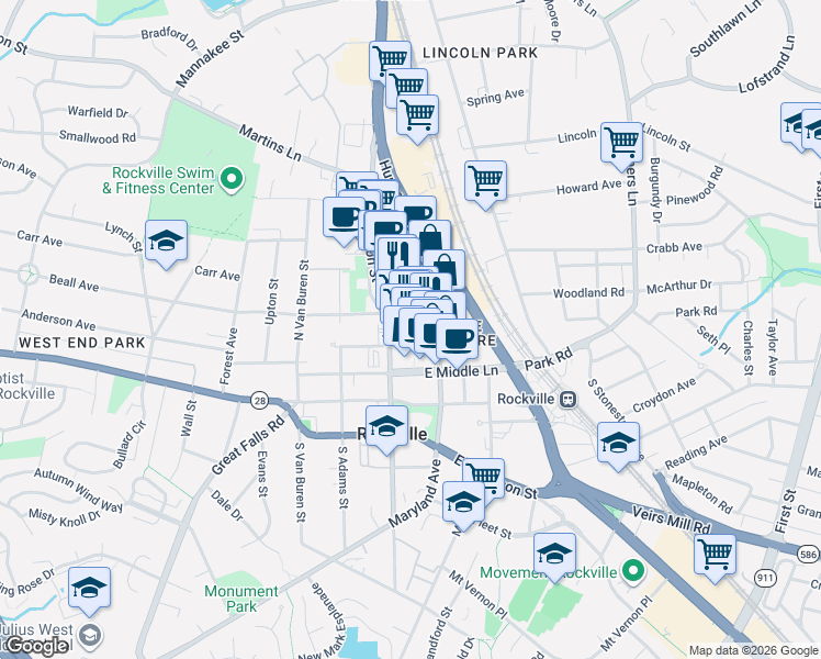 map of restaurants, bars, coffee shops, grocery stores, and more near 150 Gibbs Street in Rockville