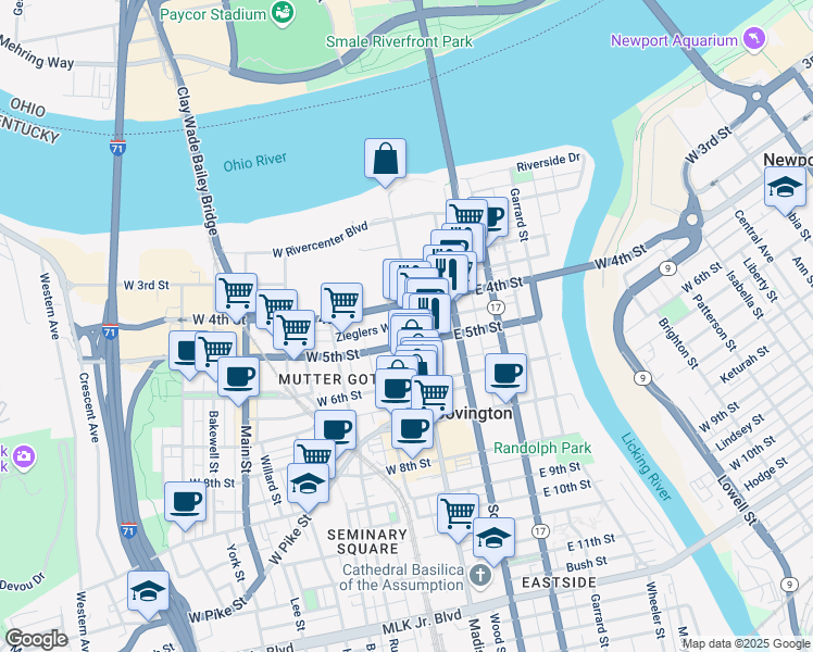 map of restaurants, bars, coffee shops, grocery stores, and more near 5 West 4th Street in Covington