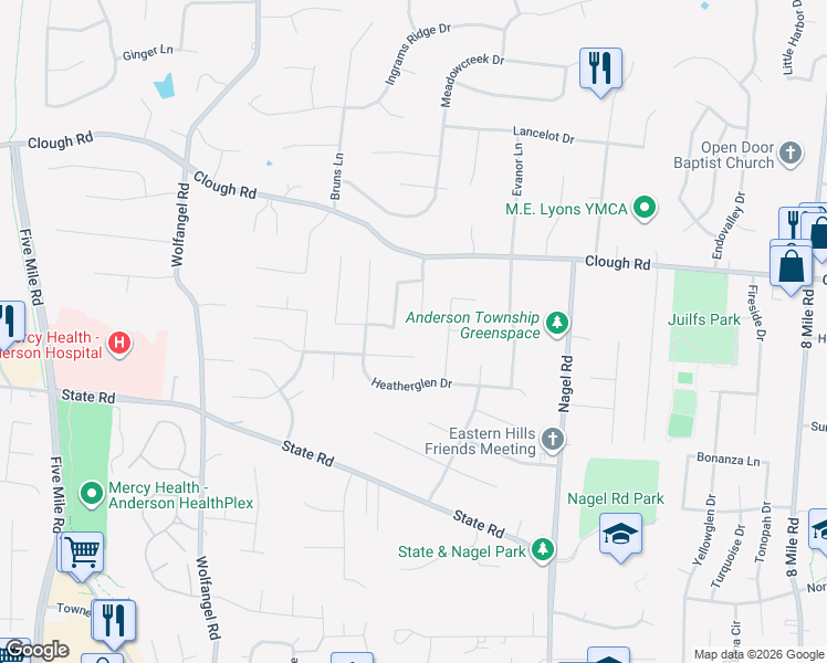 map of restaurants, bars, coffee shops, grocery stores, and more near 1863 Foxhollow Drive in Cincinnati
