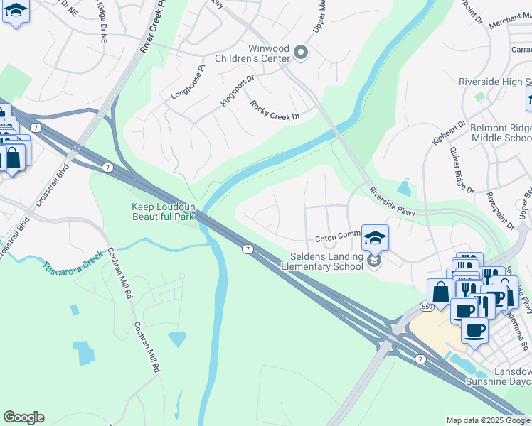 map of restaurants, bars, coffee shops, grocery stores, and more near 43155 Scenic Creek Way in Leesburg