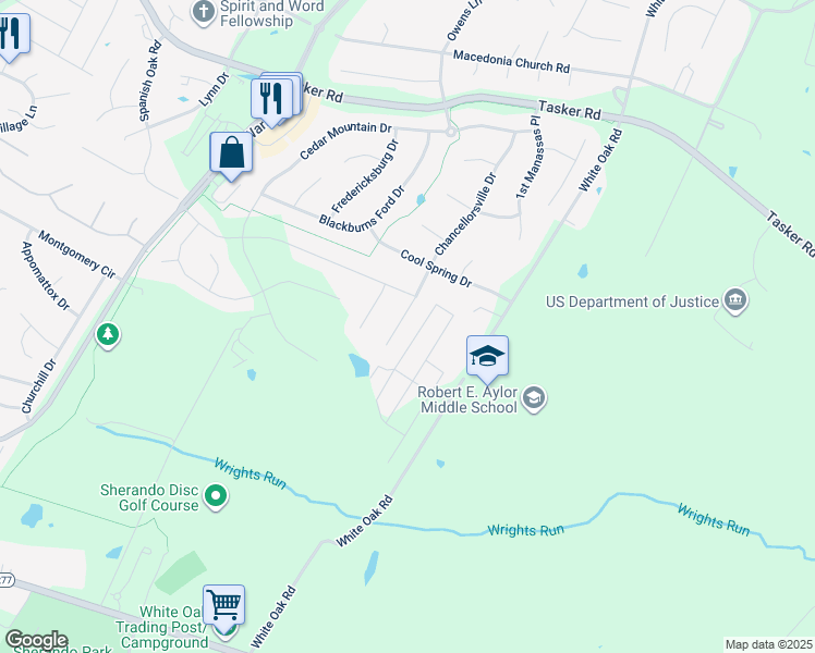 map of restaurants, bars, coffee shops, grocery stores, and more near 109 Radford Court in Stephens City