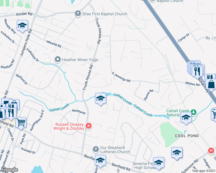 map of restaurants, bars, coffee shops, grocery stores, and more near 51 Stratford Drive in Severna Park
