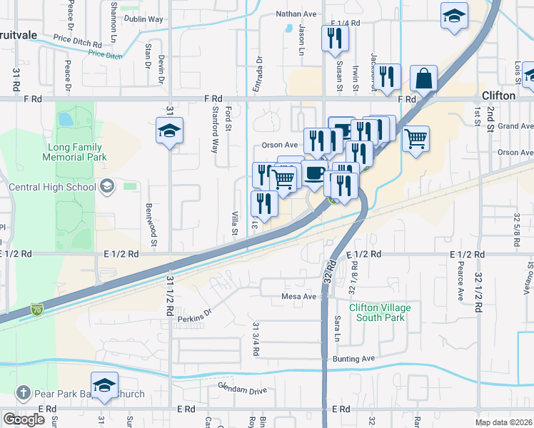 map of restaurants, bars, coffee shops, grocery stores, and more near 565-567 31 3/4 Road in Fruitvale