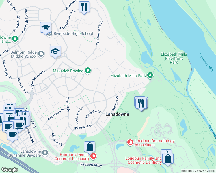 map of restaurants, bars, coffee shops, grocery stores, and more near 19090 Boyer Fields Place in Leesburg