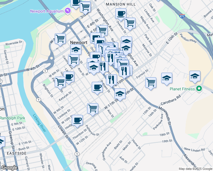 map of restaurants, bars, coffee shops, grocery stores, and more near 12 West 9th Street in Newport