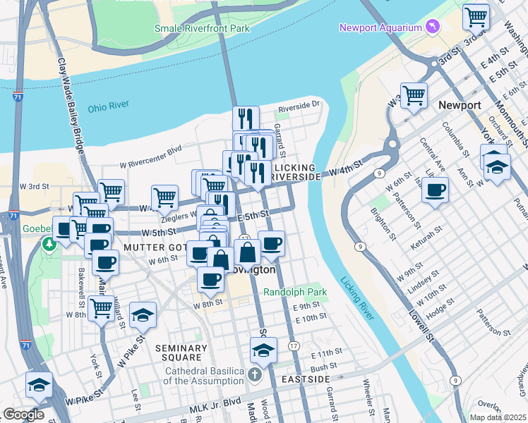 map of restaurants, bars, coffee shops, grocery stores, and more near 423 Sanford Street in Covington