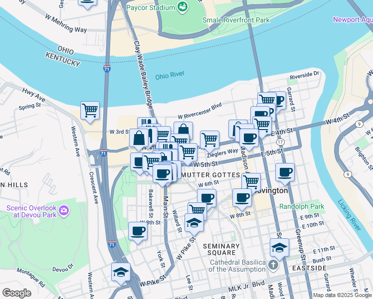 map of restaurants, bars, coffee shops, grocery stores, and more near in Covington