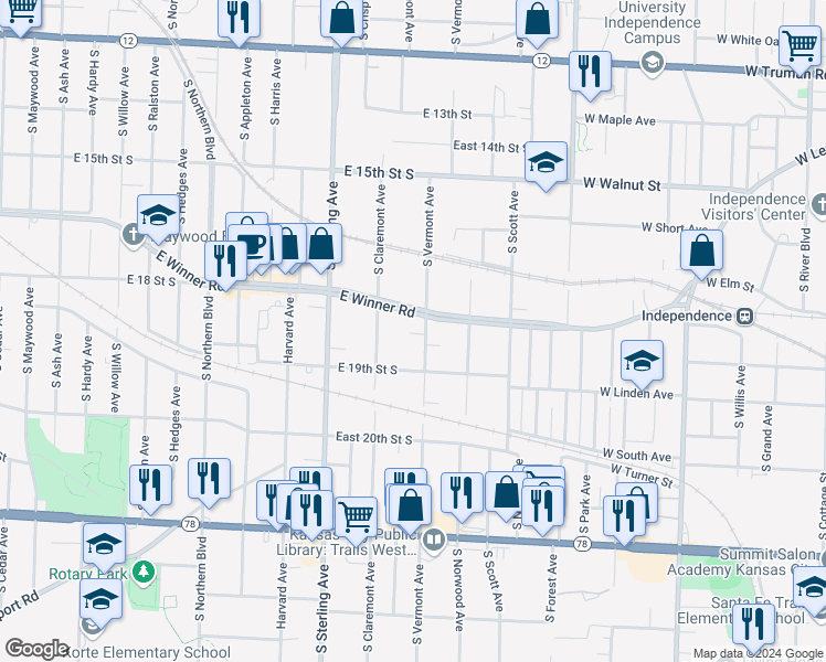 map of restaurants, bars, coffee shops, grocery stores, and more near 11317 East Winner Road in Independence