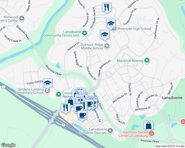 map of restaurants, bars, coffee shops, grocery stores, and more near 43645 Riverpoint Drive in Leesburg