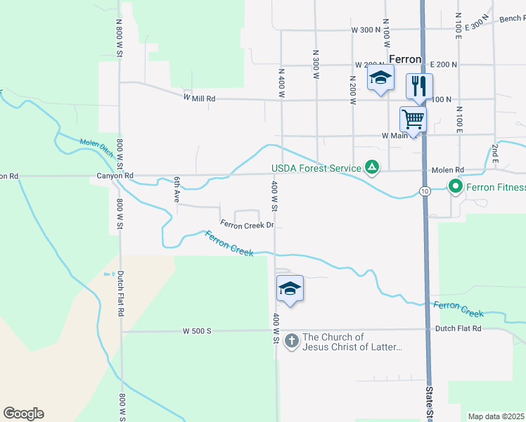 map of restaurants, bars, coffee shops, grocery stores, and more near 440 Cottonwood Lane in Ferron