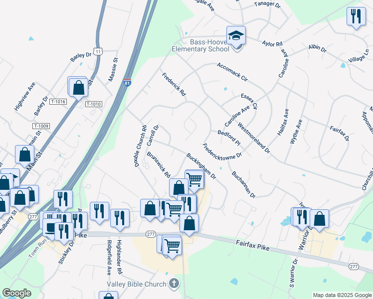 map of restaurants, bars, coffee shops, grocery stores, and more near 117 Buckingham Drive in Stephens City