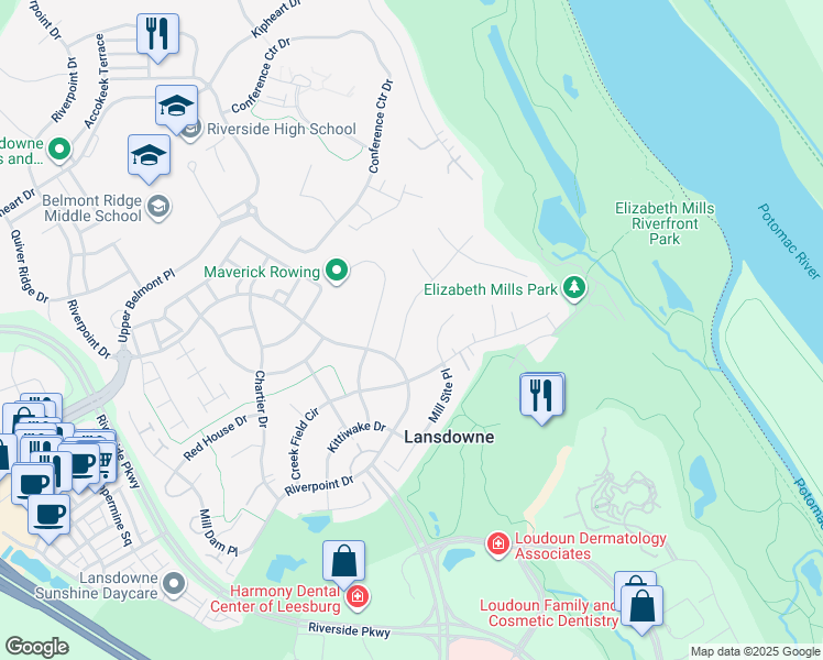 map of restaurants, bars, coffee shops, grocery stores, and more near 19090 Boyer Fields Place in Leesburg