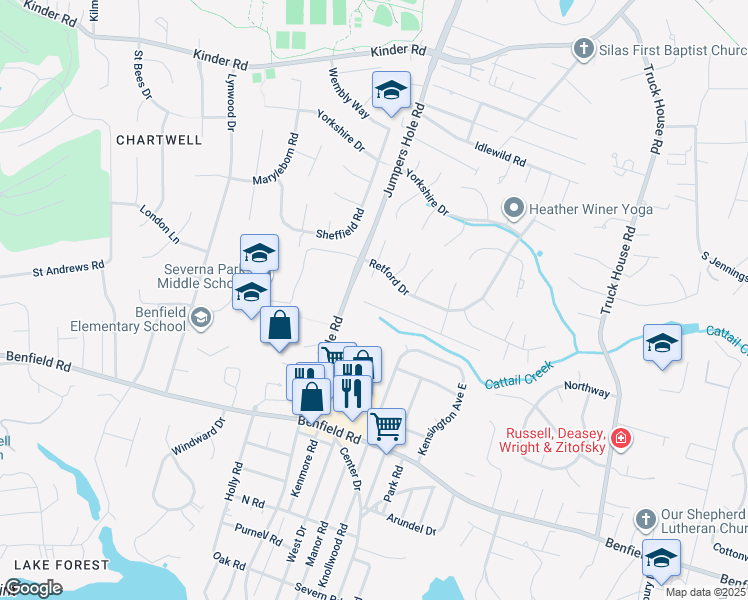 map of restaurants, bars, coffee shops, grocery stores, and more near 510 Benforest Drive in Severna Park