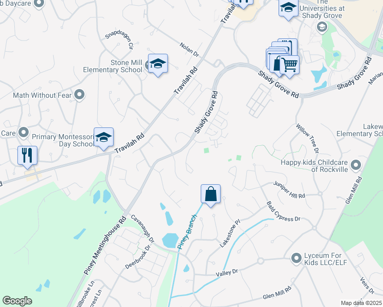 map of restaurants, bars, coffee shops, grocery stores, and more near 16 Calabash Court in Rockville
