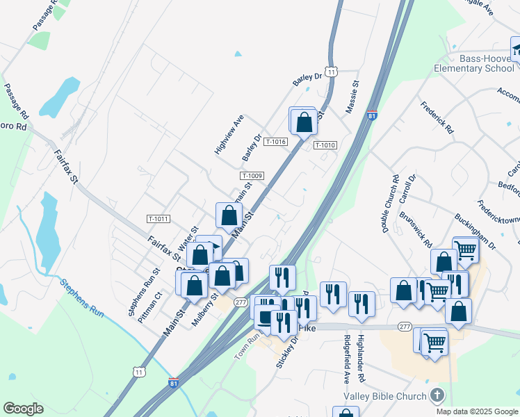 map of restaurants, bars, coffee shops, grocery stores, and more near 891 Newtown Court in Stephens City