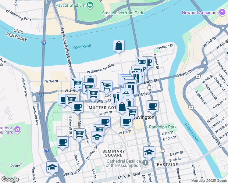 map of restaurants, bars, coffee shops, grocery stores, and more near 4 East 2nd Street in Covington