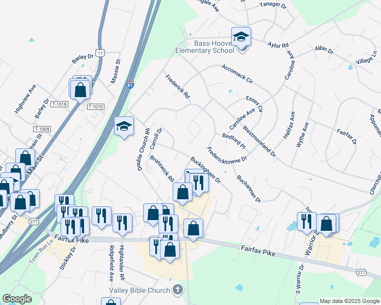 map of restaurants, bars, coffee shops, grocery stores, and more near 117 Buckingham Drive in Stephens City