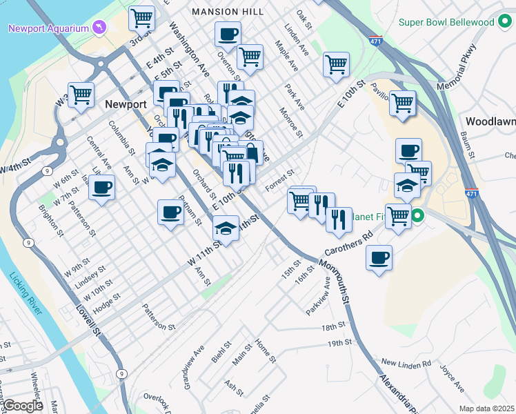map of restaurants, bars, coffee shops, grocery stores, and more near 1024 Saratoga Street in Newport