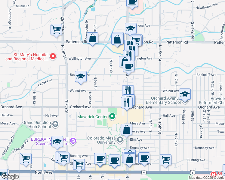 map of restaurants, bars, coffee shops, grocery stores, and more near 2150 College Place in Grand Junction