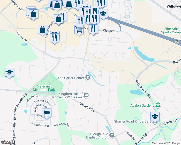 map of restaurants, bars, coffee shops, grocery stores, and more near 4342 Glen Este-Withamsville Road in Cincinnati