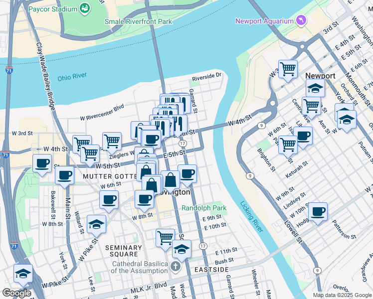 map of restaurants, bars, coffee shops, grocery stores, and more near 423 Sanford Street in Covington