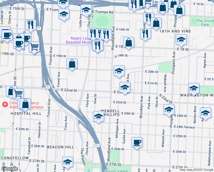 map of restaurants, bars, coffee shops, grocery stores, and more near 2100 Woodland Avenue in Kansas City