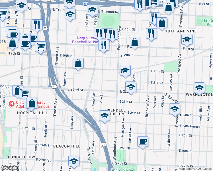 map of restaurants, bars, coffee shops, grocery stores, and more near 2033 Vine Street in Kansas City