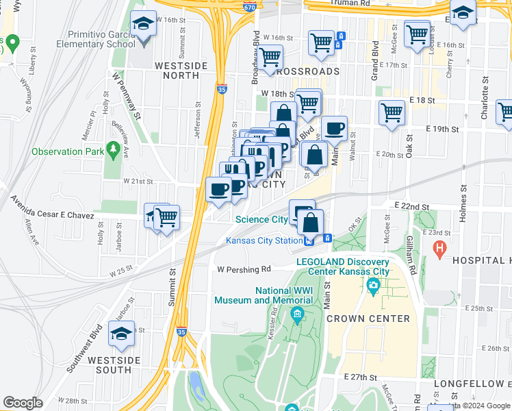 map of restaurants, bars, coffee shops, grocery stores, and more near 2109 Northwestern Avenue in Kansas City