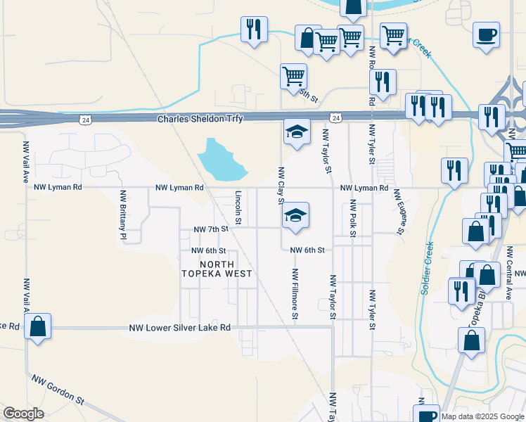 map of restaurants, bars, coffee shops, grocery stores, and more near 2121 NW Buchanan St in Topeka