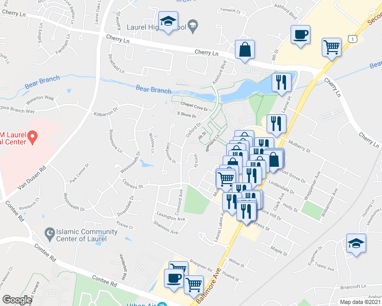 map of restaurants, bars, coffee shops, grocery stores, and more near 14055 Vista Drive in Laurel