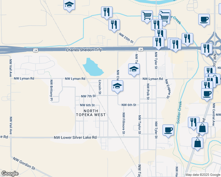 map of restaurants, bars, coffee shops, grocery stores, and more near 2121 NW Buchanan St in Topeka