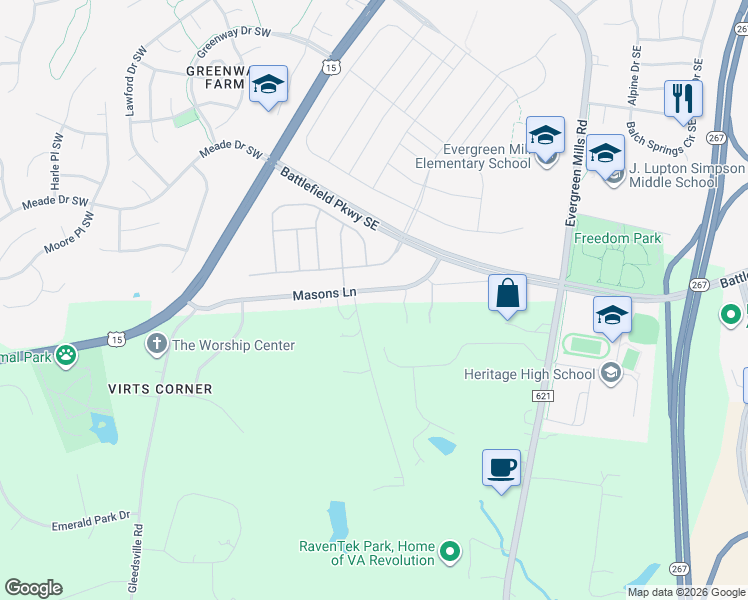 map of restaurants, bars, coffee shops, grocery stores, and more near 212 State Route 654 in Leesburg