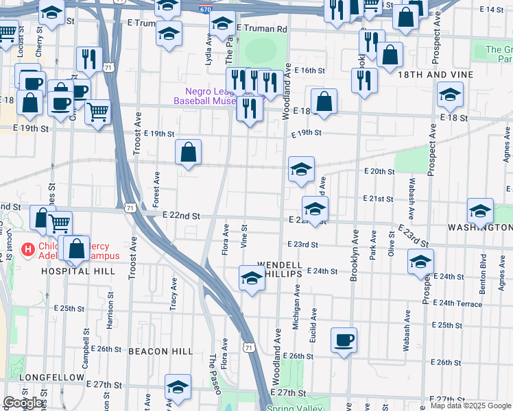 map of restaurants, bars, coffee shops, grocery stores, and more near 2100 Woodland Avenue in Kansas City