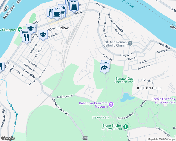 map of restaurants, bars, coffee shops, grocery stores, and more near 443 Pinnacle Way in Ludlow