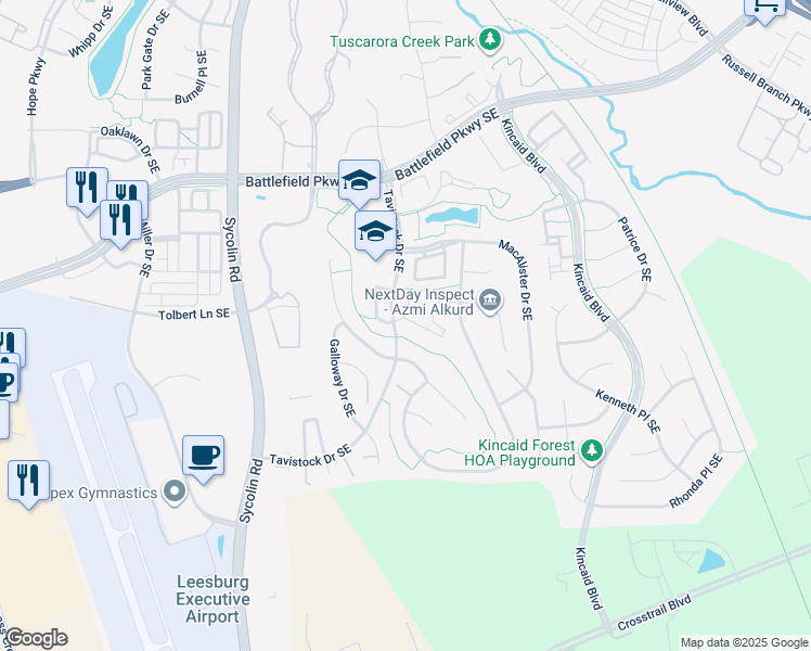 map of restaurants, bars, coffee shops, grocery stores, and more near 605 McLeary Square Southeast in Leesburg