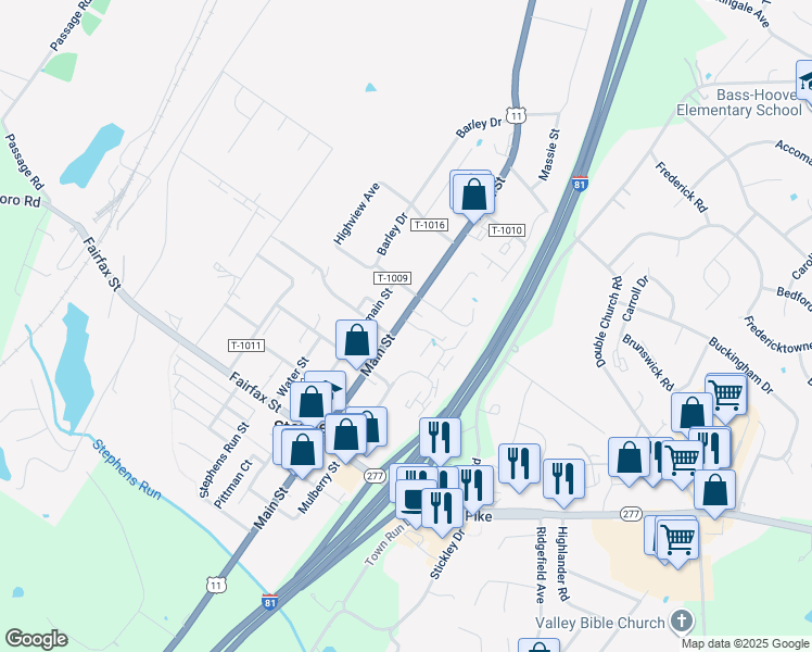 map of restaurants, bars, coffee shops, grocery stores, and more near 891 Newtown Court in Stephens City
