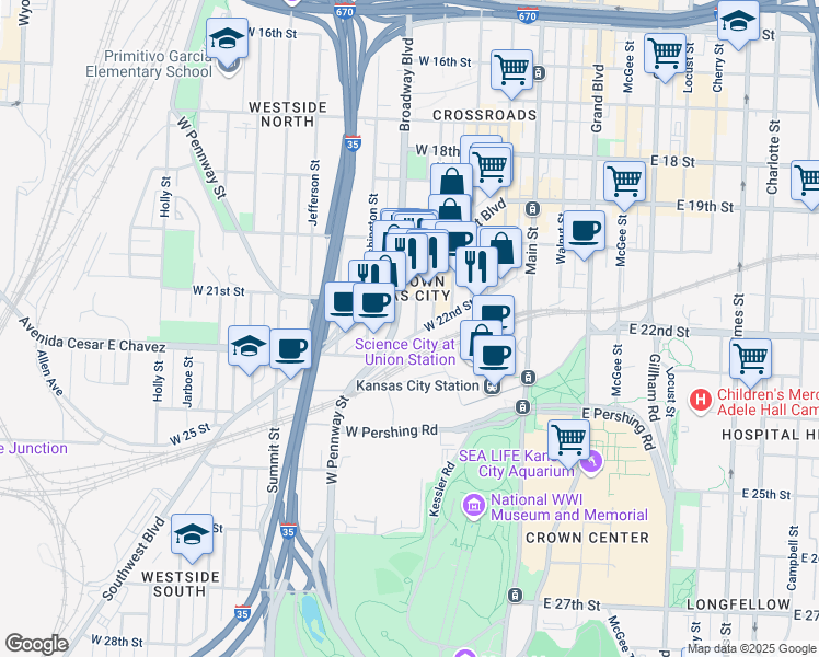 map of restaurants, bars, coffee shops, grocery stores, and more near 2109 Northwestern Avenue in Kansas City