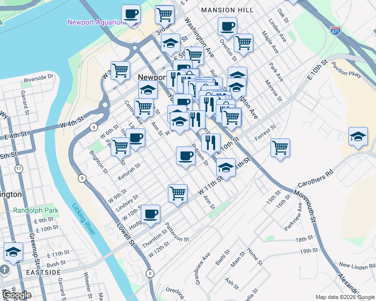 map of restaurants, bars, coffee shops, grocery stores, and more near 30 West 9th Street in Newport