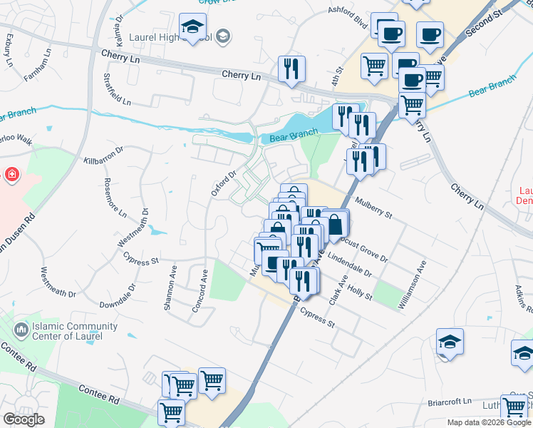map of restaurants, bars, coffee shops, grocery stores, and more near 14105 Bowsprit Lane in Laurel