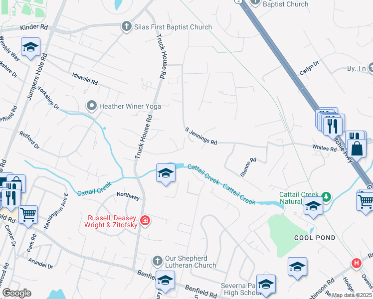 map of restaurants, bars, coffee shops, grocery stores, and more near 51 Stratford Drive in Severna Park