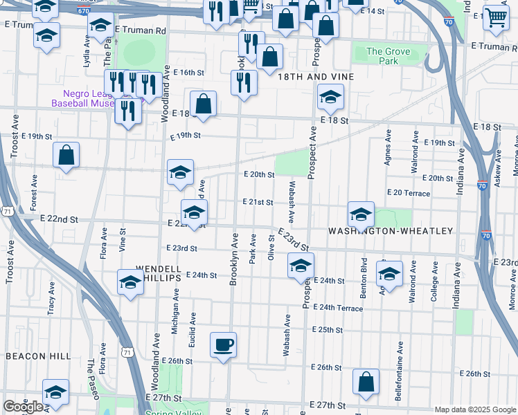map of restaurants, bars, coffee shops, grocery stores, and more near 2023 Park Avenue in Kansas City