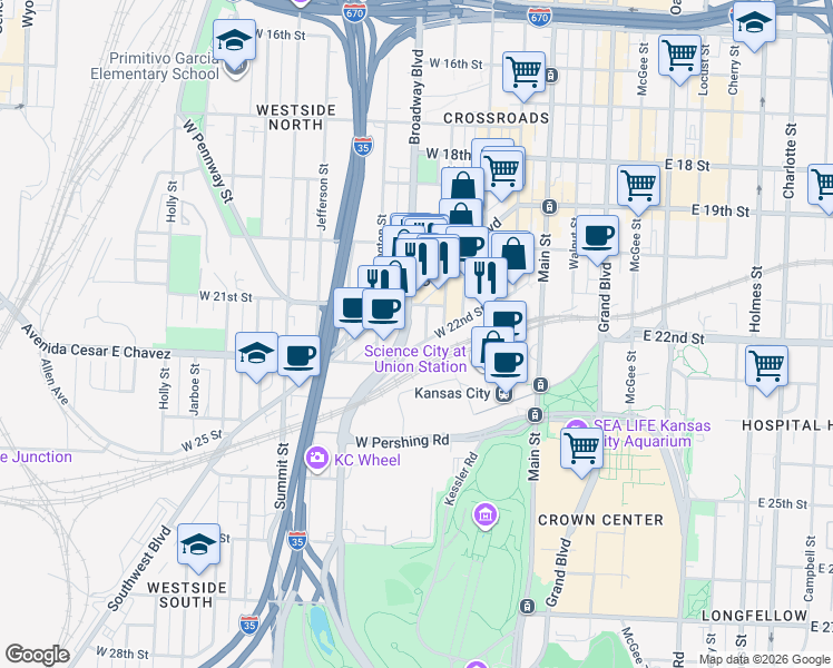 map of restaurants, bars, coffee shops, grocery stores, and more near 380 West 22nd Street in Kansas City