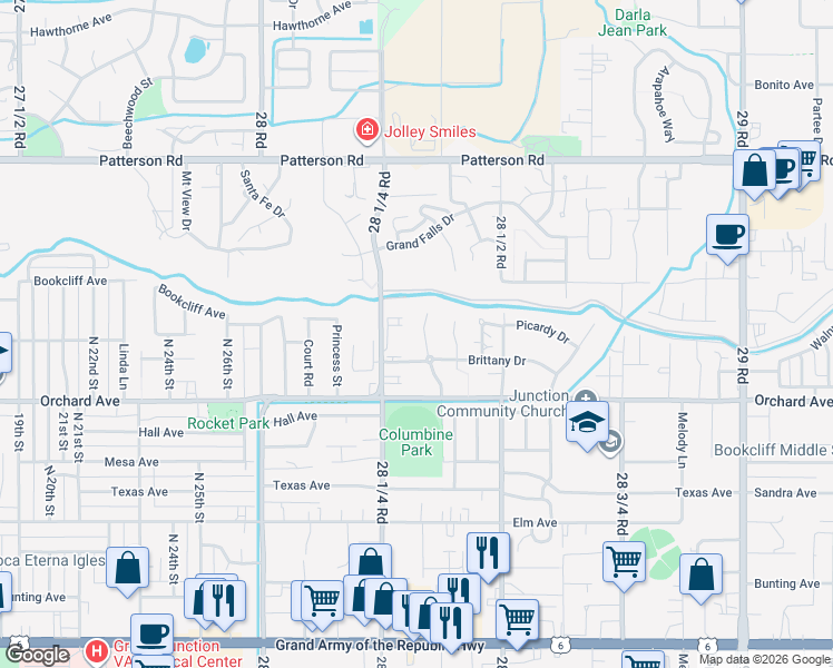map of restaurants, bars, coffee shops, grocery stores, and more near 571 Garden Grove Court in Grand Junction